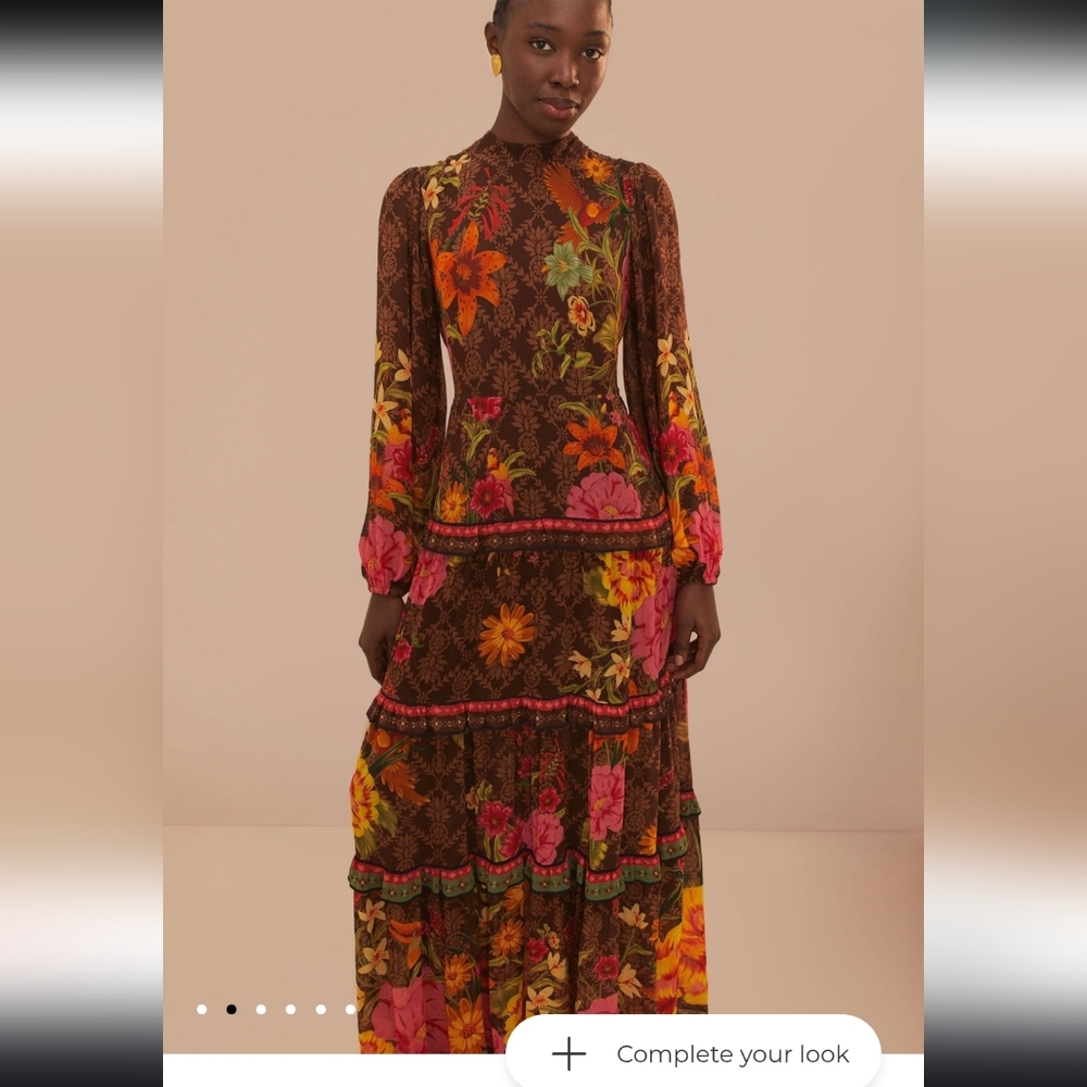 FARM Rio Brown Maxi Dress with Pink & Yellow Floral Print - Picture 4 of 5